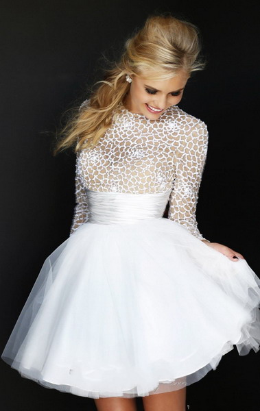 White Long Sleeve Short Prom Gown Cocktail Dresses