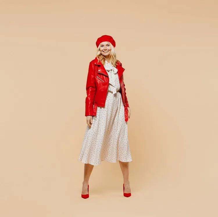 rejuvenating outfit idea for women 50 60 years old red jacket cream white mid-length dress